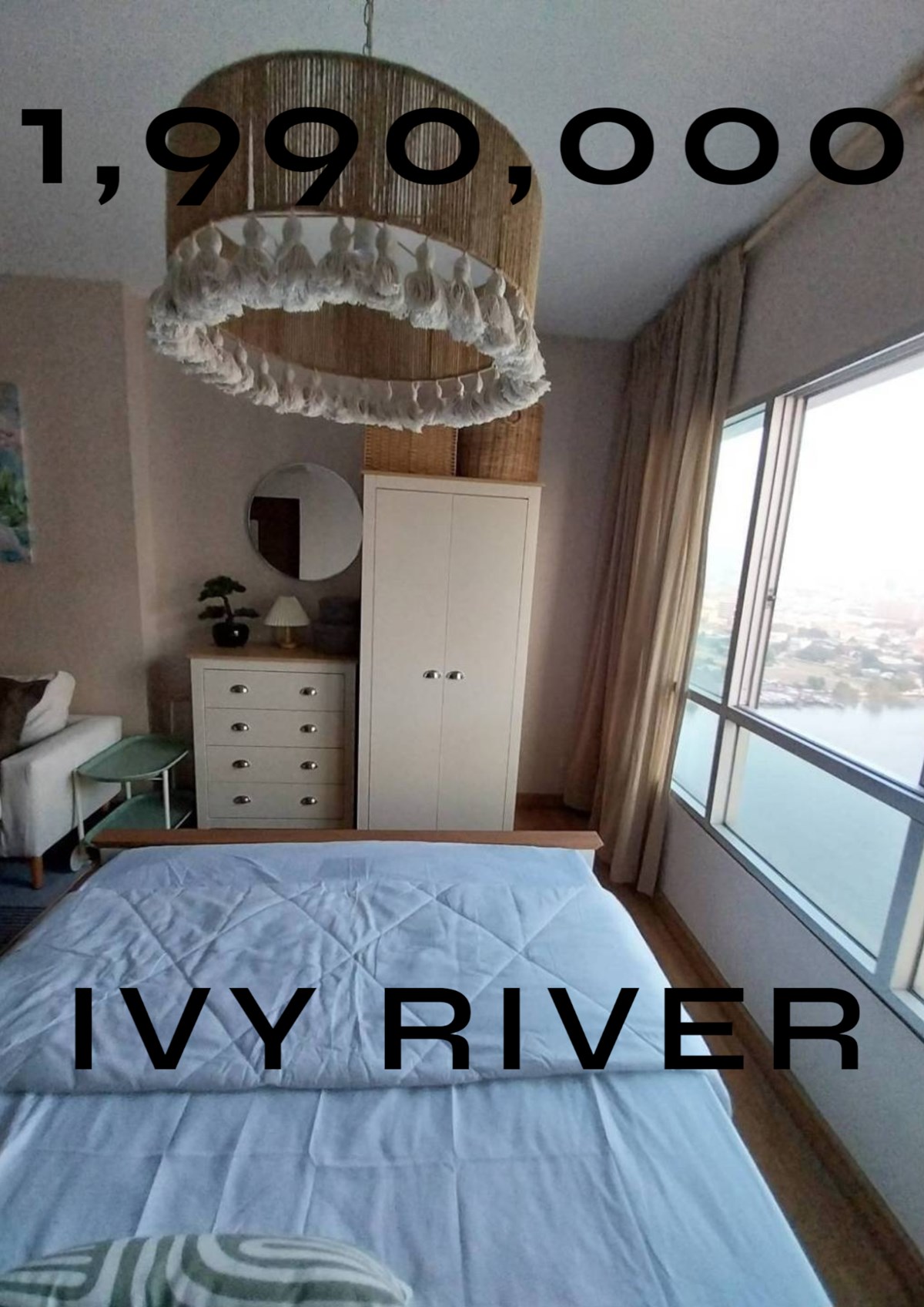 ขายห้องคอนโด Ivy River วิวโค้งน้ำเจ้าพระยา อยู่ชั้น 31 ลมเย็นสบาย ห้องไม่เคยเข้าอยู่ เฟอร์นิเจอร์ใหม่ Line. secondno2